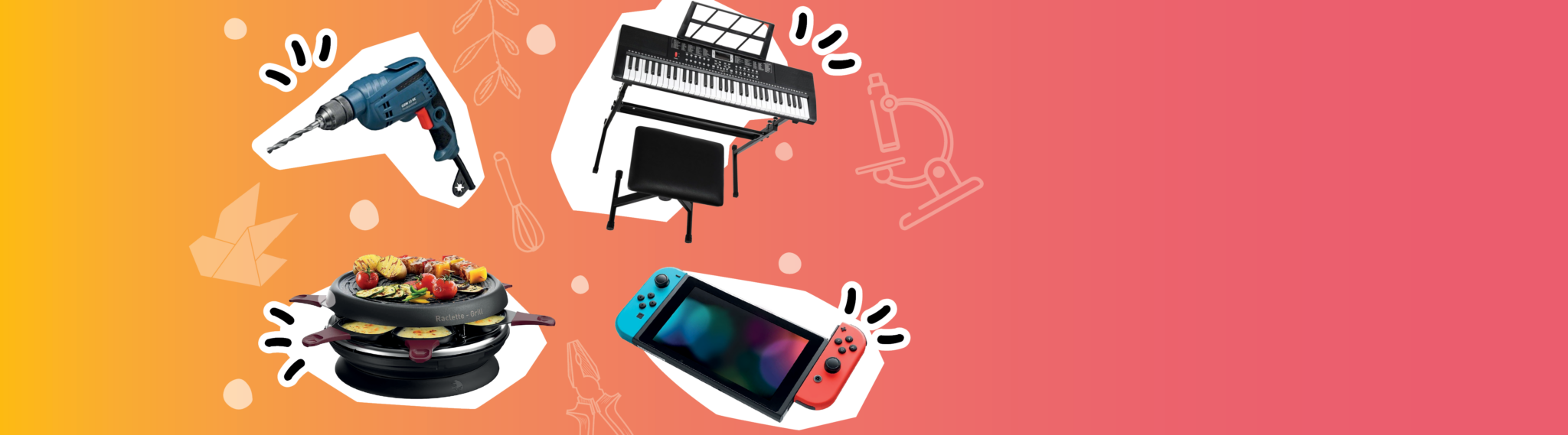Une perceuse, un clavier, un appareil à raclette et une switch.